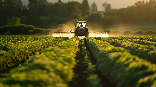 Tractor spraying roundup pesticide on crops