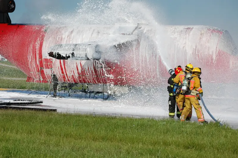 Firefighters spraying foam during aircraft fire training